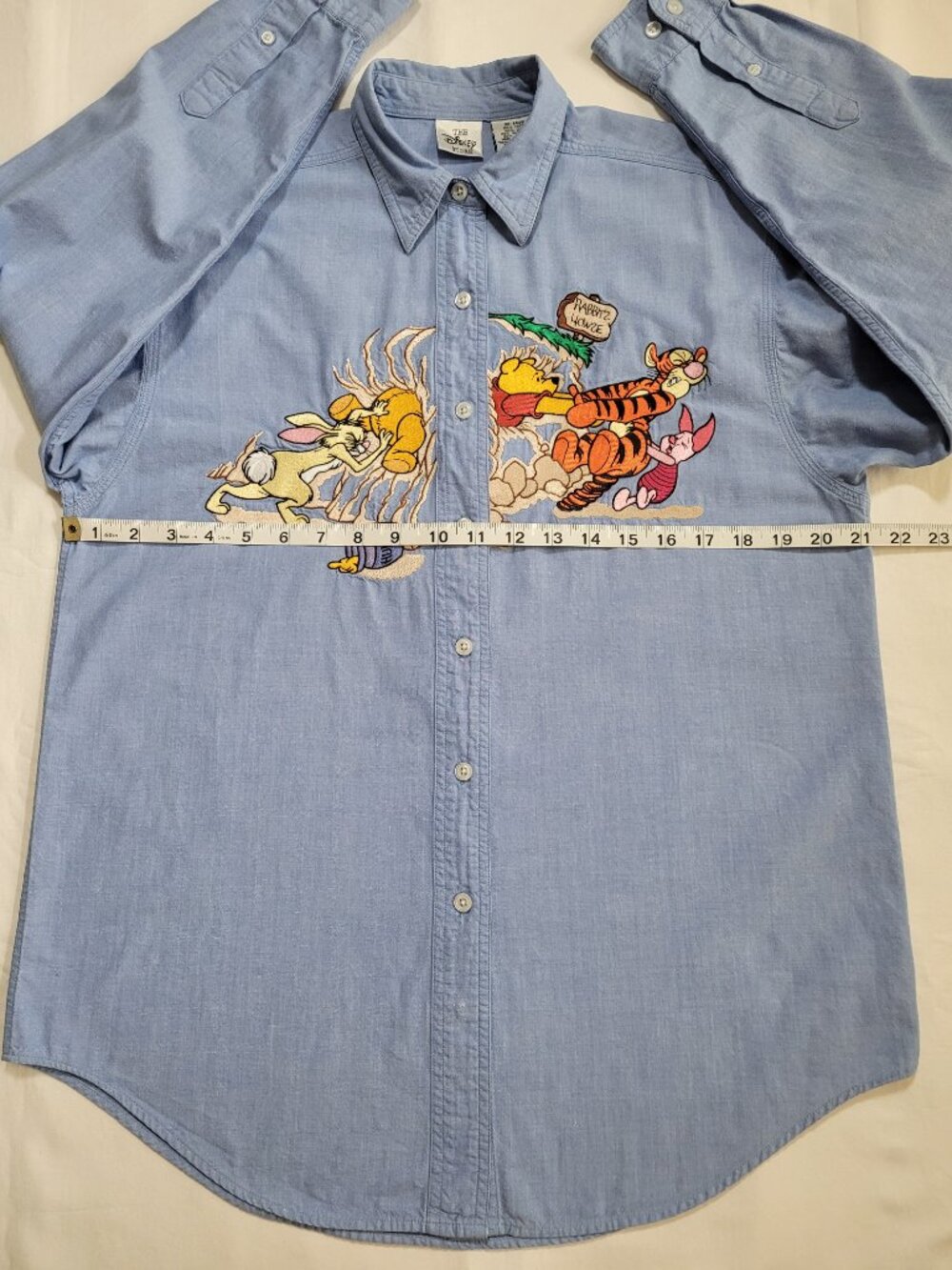 Vintage 90s Disney Store Winnie the Pooh Embroidered Denim Shirt Blue Button Up - Picture 5 of 9